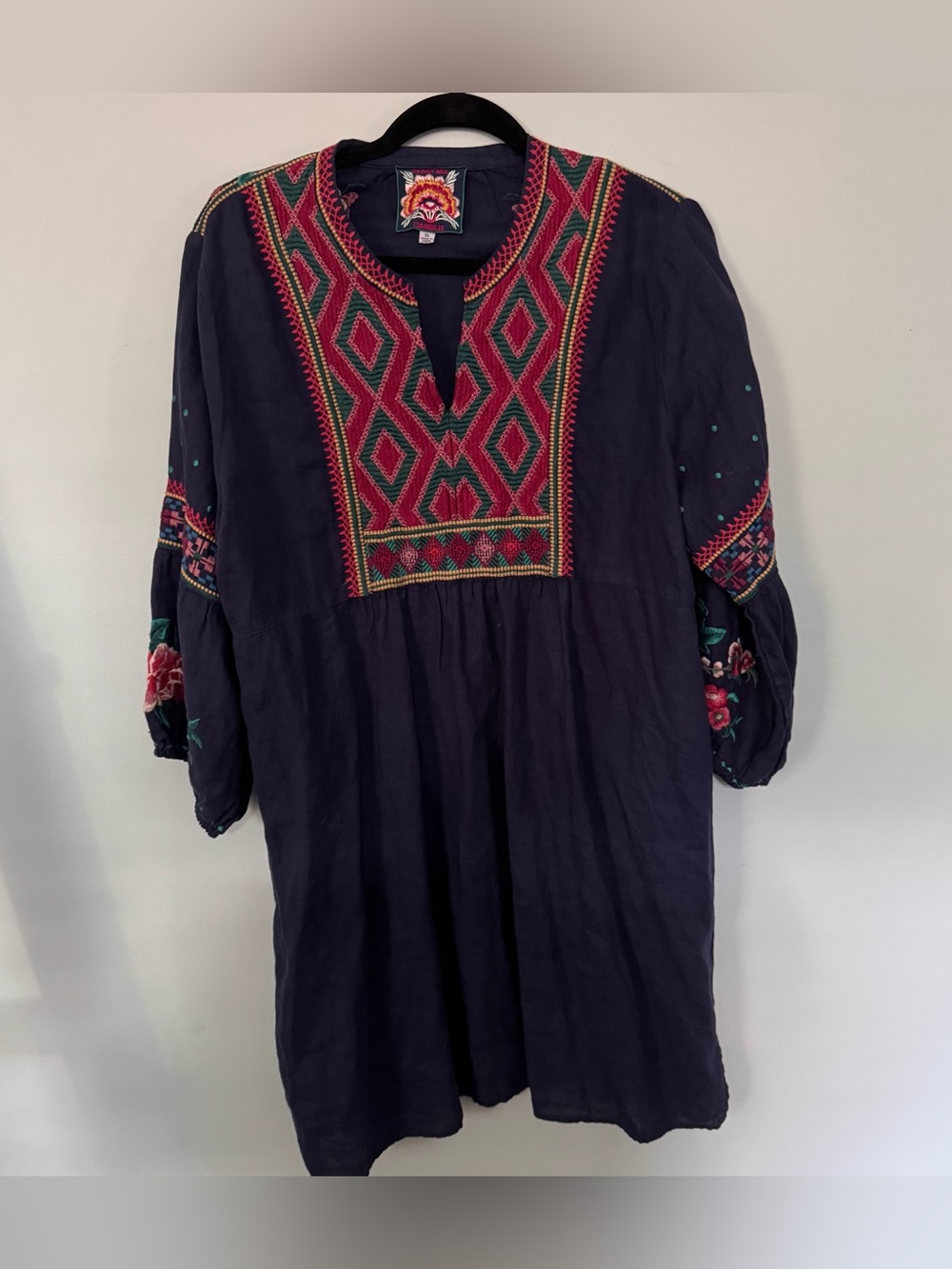 Johnny Was XL Navy Linen Embroidered Tunic Dress Boho Floral 3/4 Sleeve